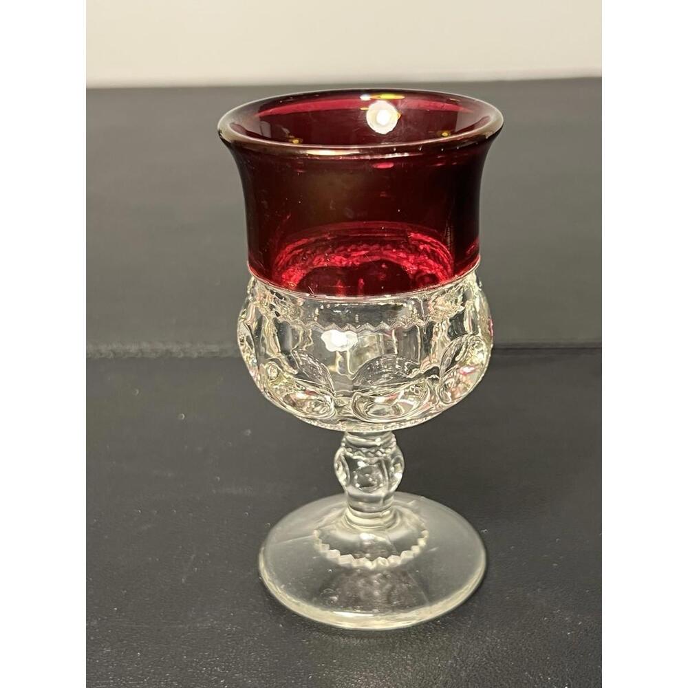L.G. Wright EAPG 1950s Kings Crown Ruby Thumprint Floral Scroll Cordial Goblet
